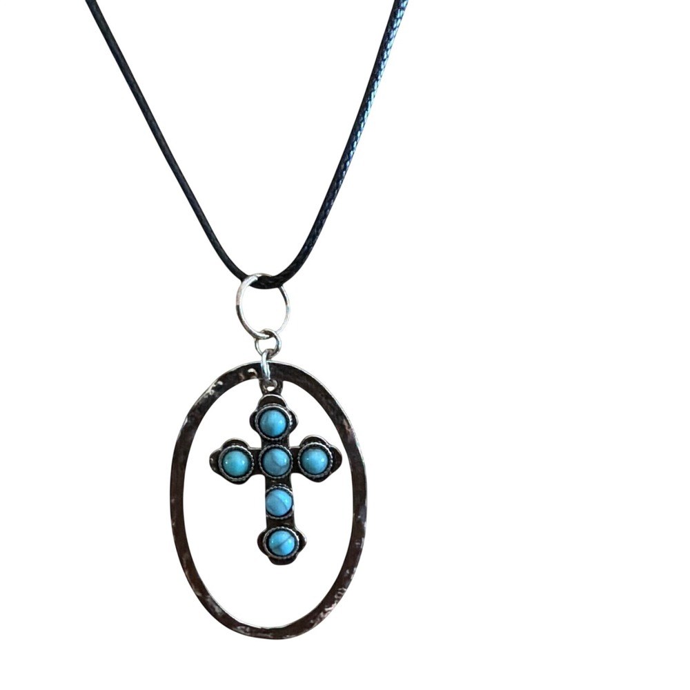 Turquoise Cross Hammered Oval Pendant Black Cord Necklace Silver Tone Southwest